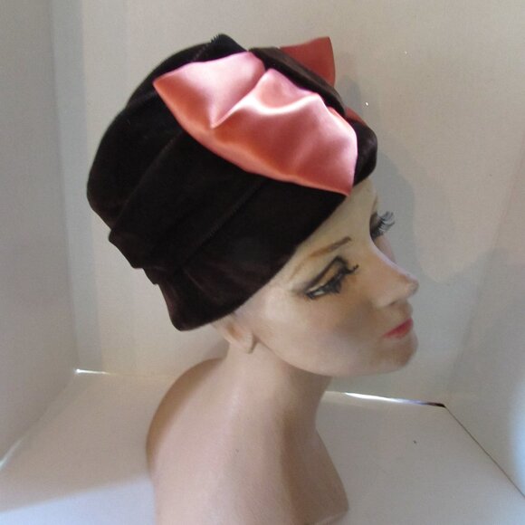 SALE Vintage Bucket Hat Brown Velvet Copper Satin Bow main image 6